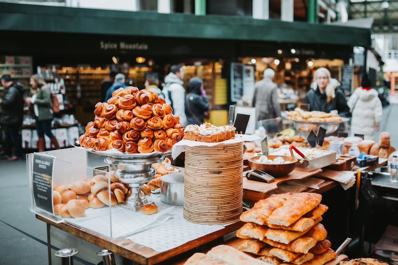 Produce laid out on a food stall at Borough Market in London