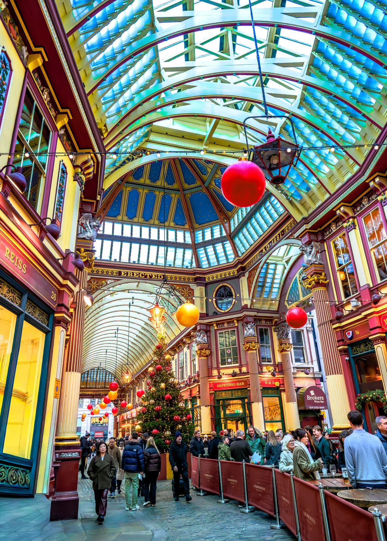 Leadenhall Market decorated for Christmas, busy with people